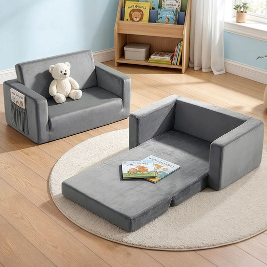 Phineas Kids Convertible Armchair Sofa 2 Seater Chair Children Flip Open Couch - Grey