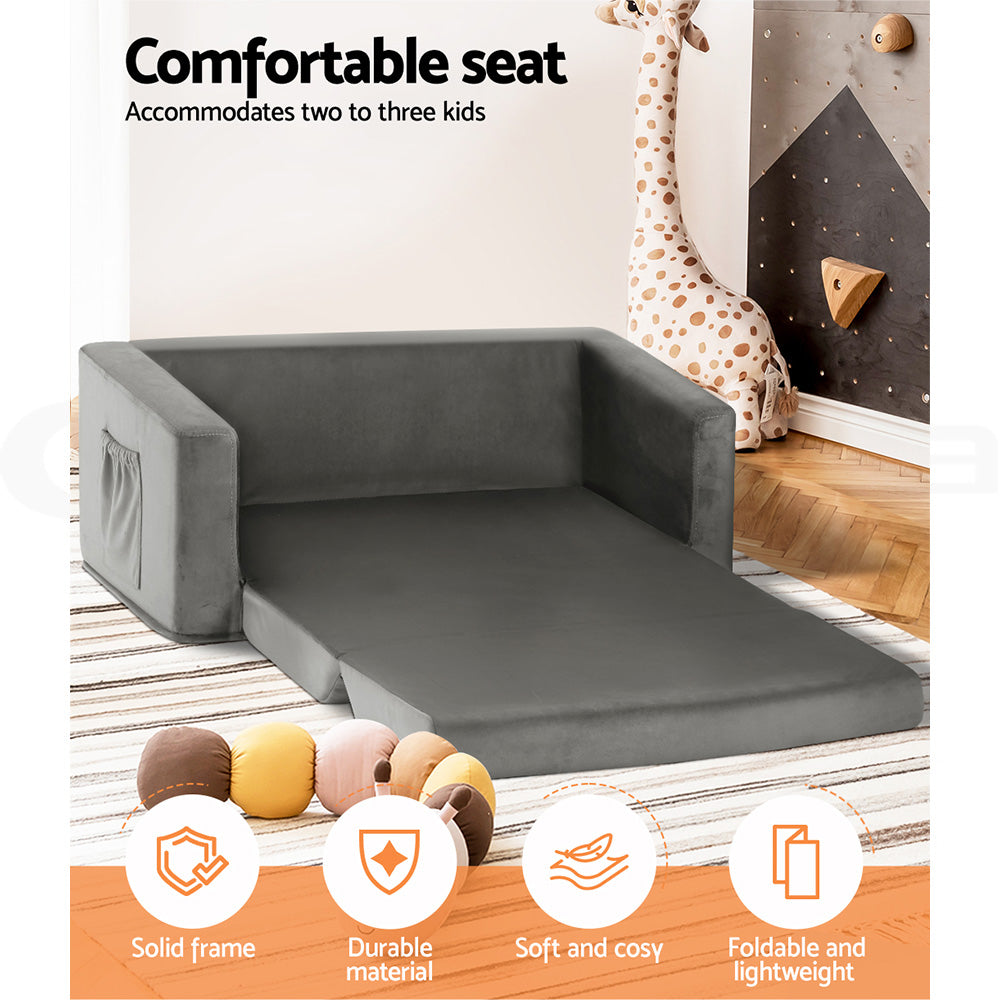 Phineas Kids Convertible Armchair Sofa 2 Seater Chair Children Flip Open Couch - Grey
