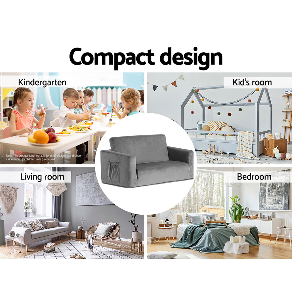 Phineas Kids Convertible Armchair Sofa 2 Seater Chair Children Flip Open Couch - Grey