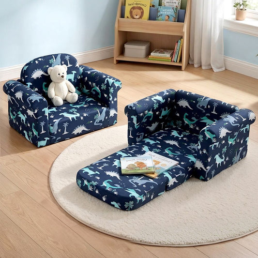 Phineas Kids Convertable Armchair Sofa Children Flip Open Couch Lounger Armchair Dinosaur - Navy