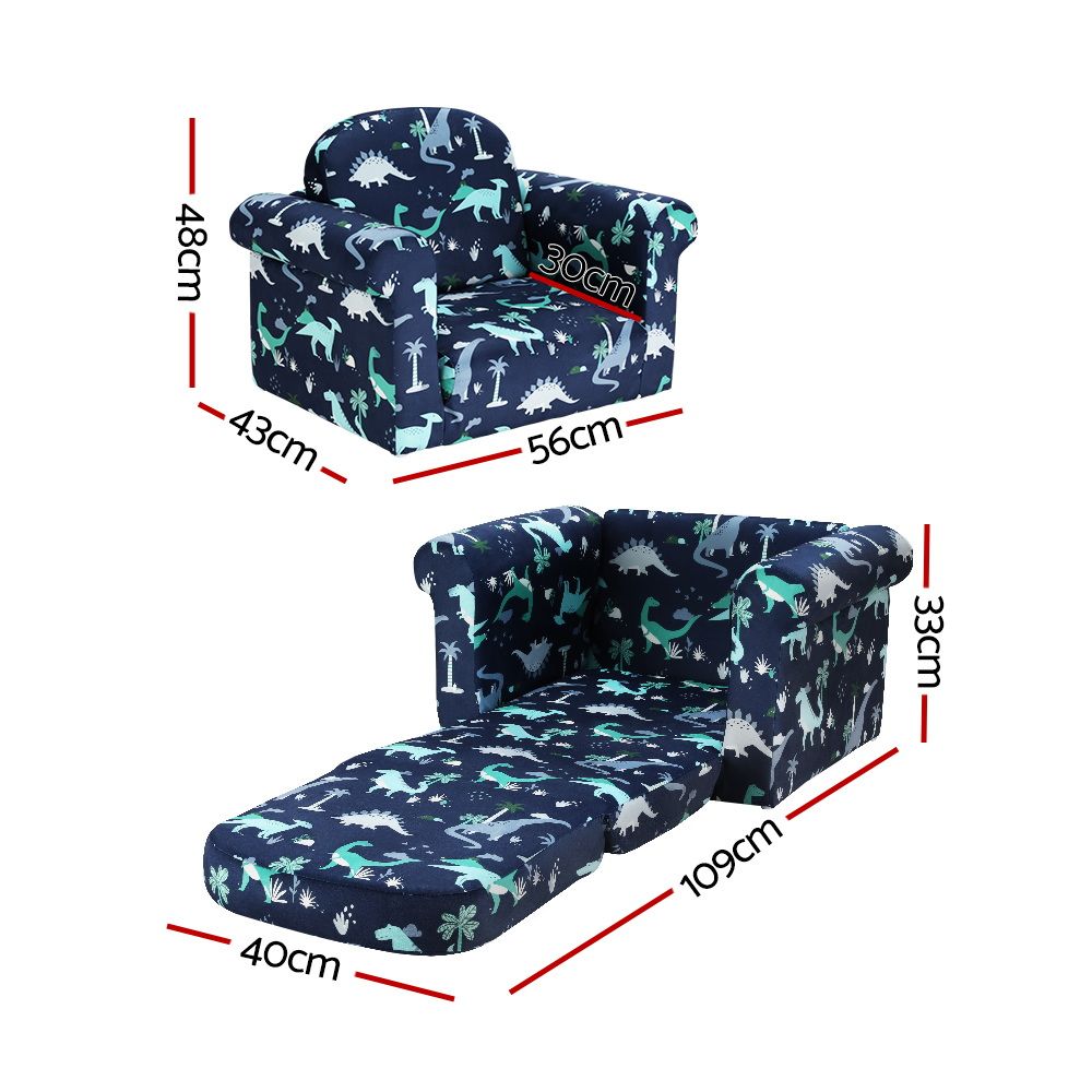 Phineas Kids Convertable Armchair Sofa Children Flip Open Couch Lounger Armchair Dinosaur - Navy