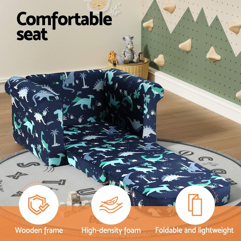 Phineas Kids Convertable Armchair Sofa Children Flip Open Couch Lounger Armchair Dinosaur - Navy