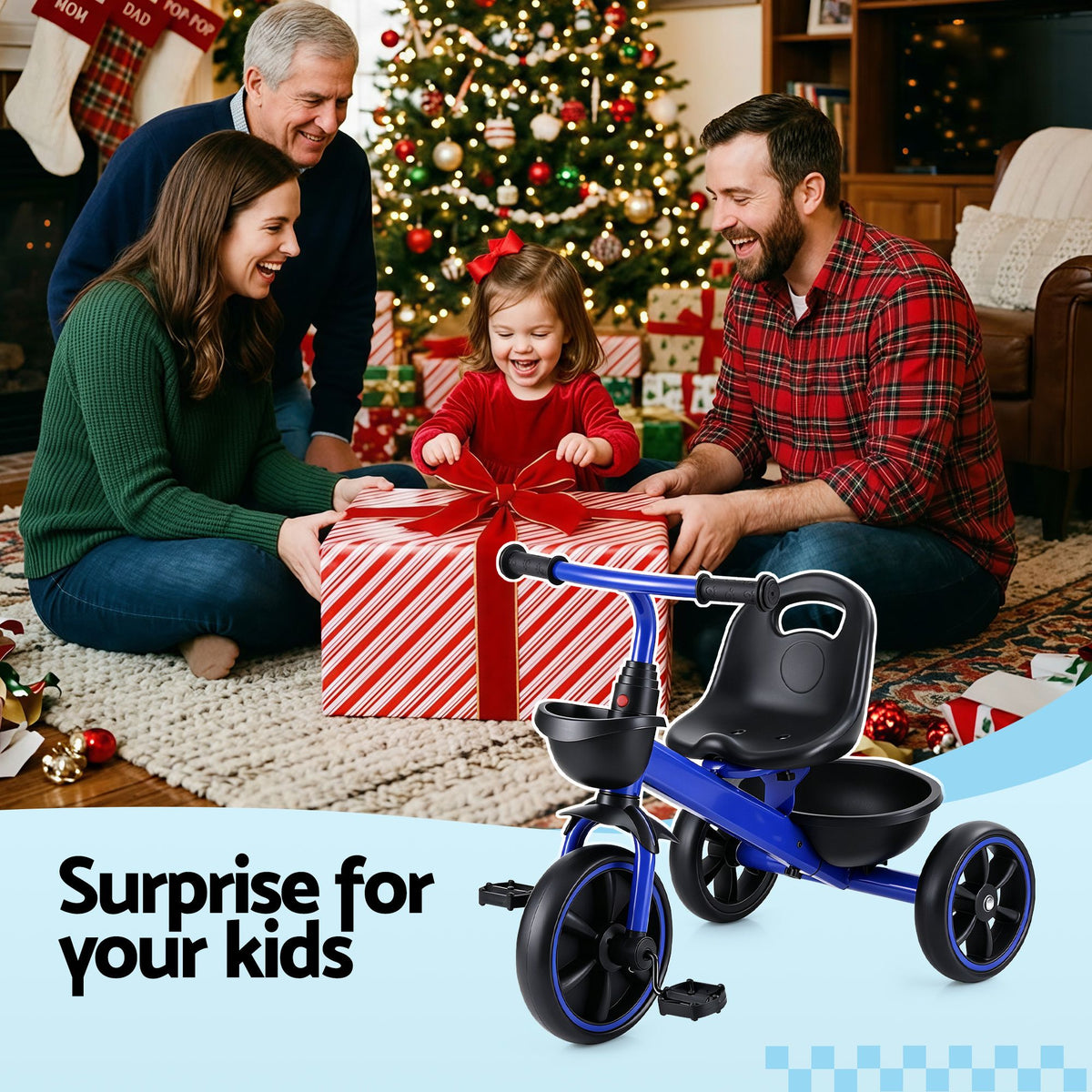 Tricycle Bike, Kids Bike with 3 wheels, basket Carbon Steel 68cm Blue