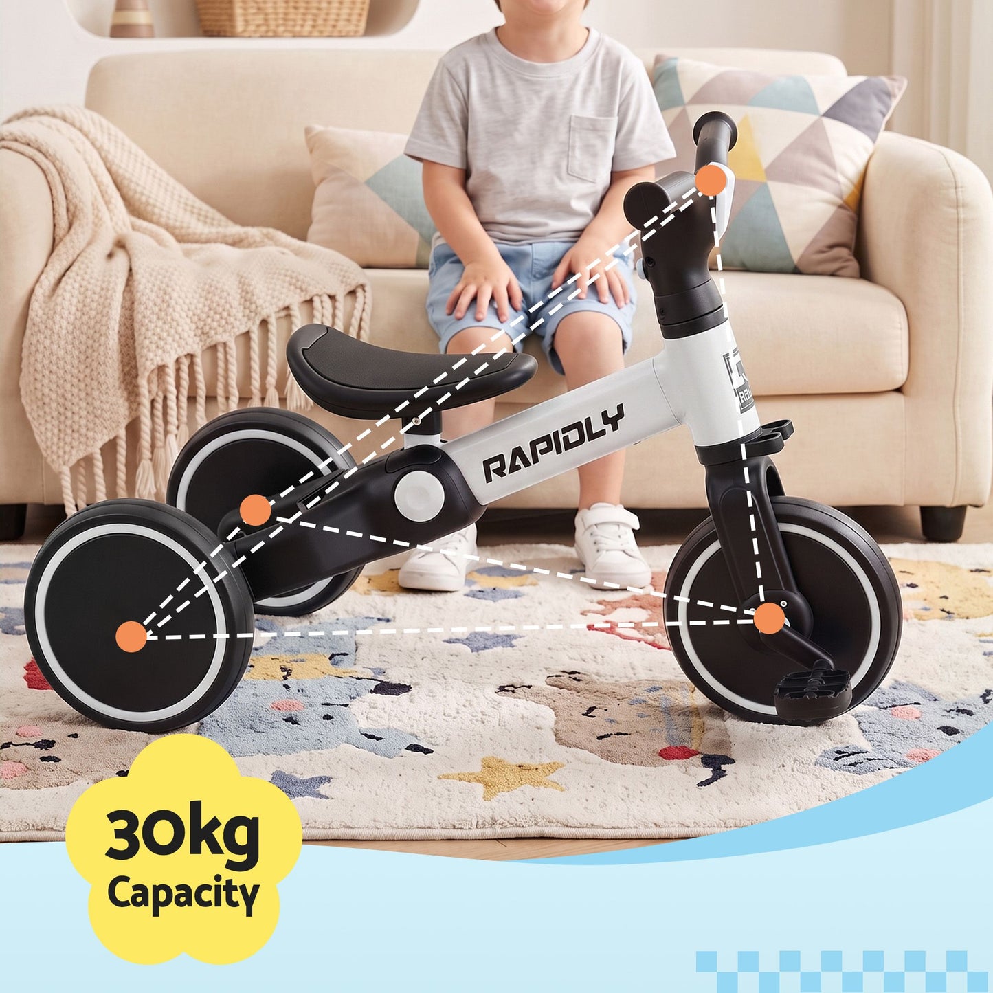 Tricycle Bike, Kids Bike with 3 wheels, Carbon Steel 70cm White