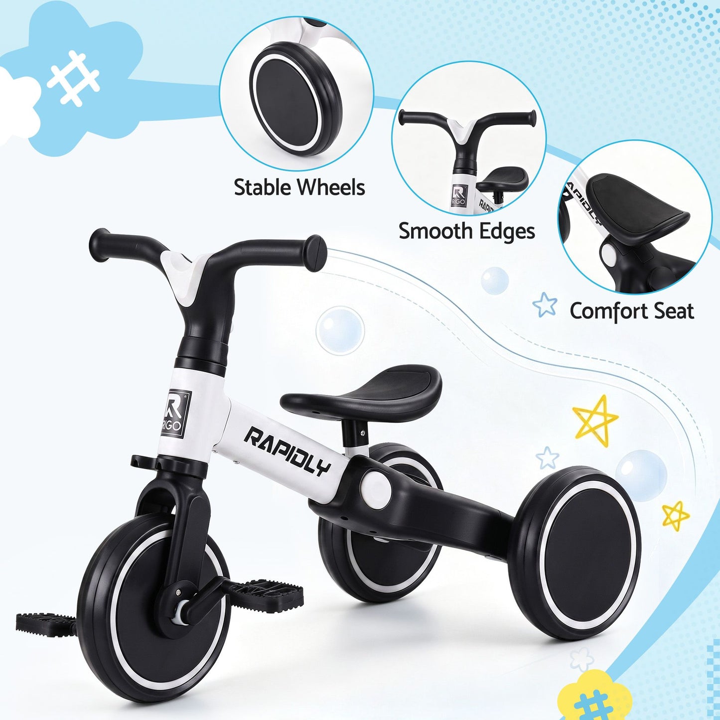 Tricycle Bike, Kids Bike with 3 wheels, Carbon Steel 70cm White