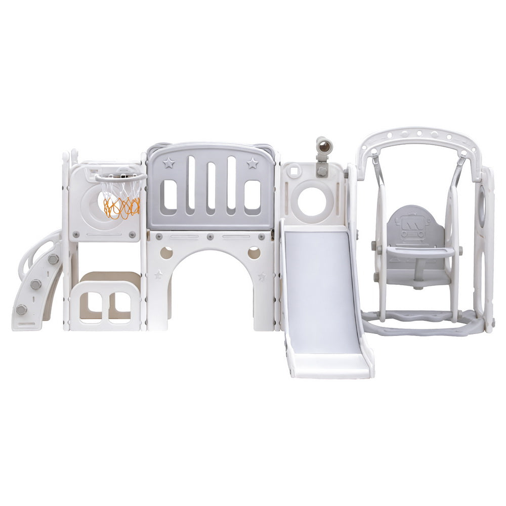Kids Slide Swing Set Basketball Hoop Ring Football Outdoor Toys 132cm grey
