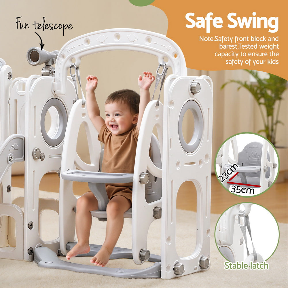 Kids Slide Swing Set Basketball Hoop Ring Football Outdoor Toys 132cm grey