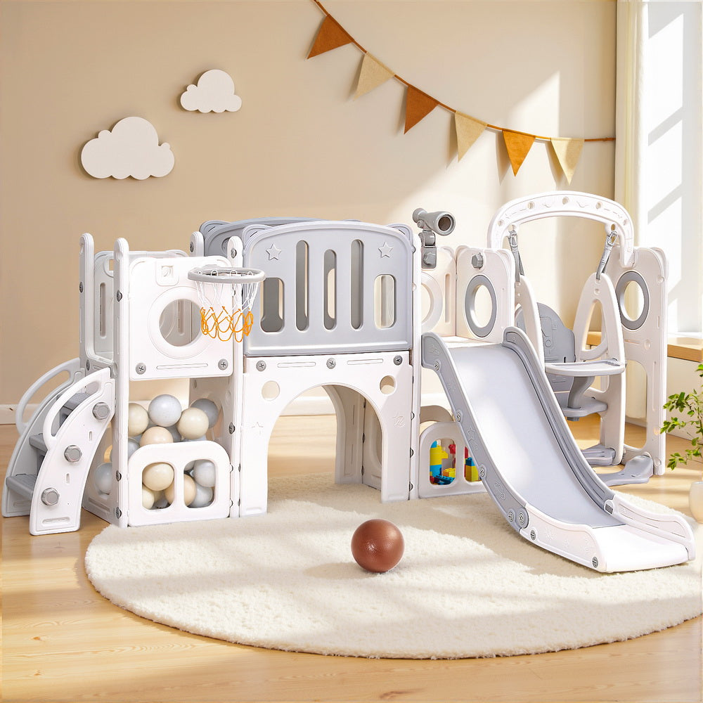 Kids Slide Swing Set Basketball Hoop Ring Football Outdoor Toys 132cm grey