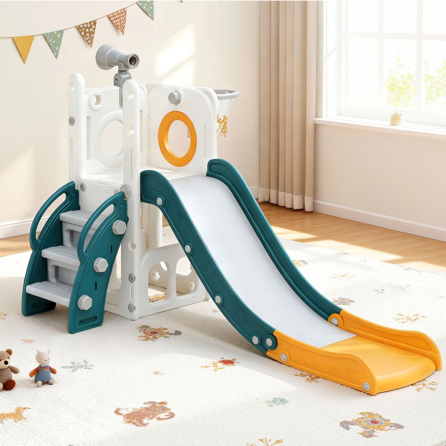 Kids Slide Set Basketball Hoop Outdoor Playground Outdoor Toys Telescope Storage