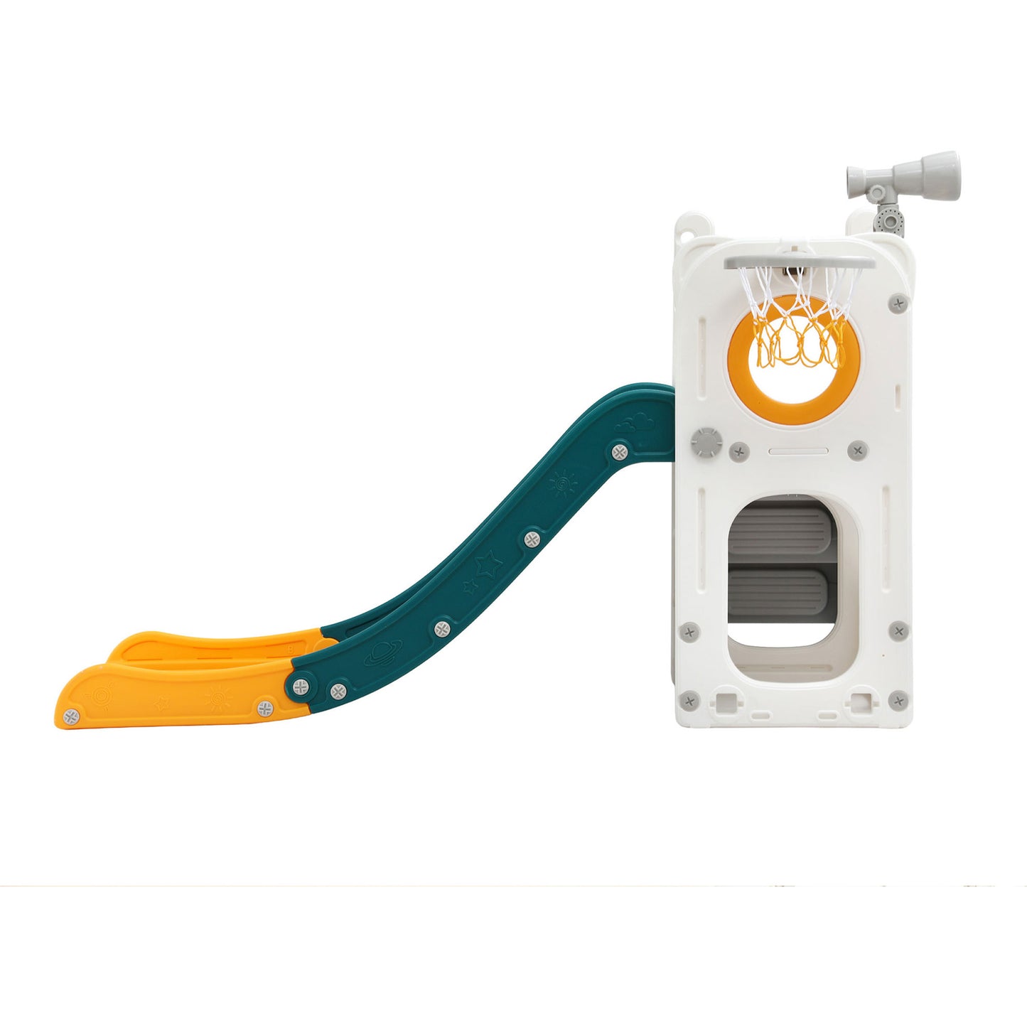Kids Slide Set Basketball Hoop Outdoor Playground Outdoor Toys Telescope Storage