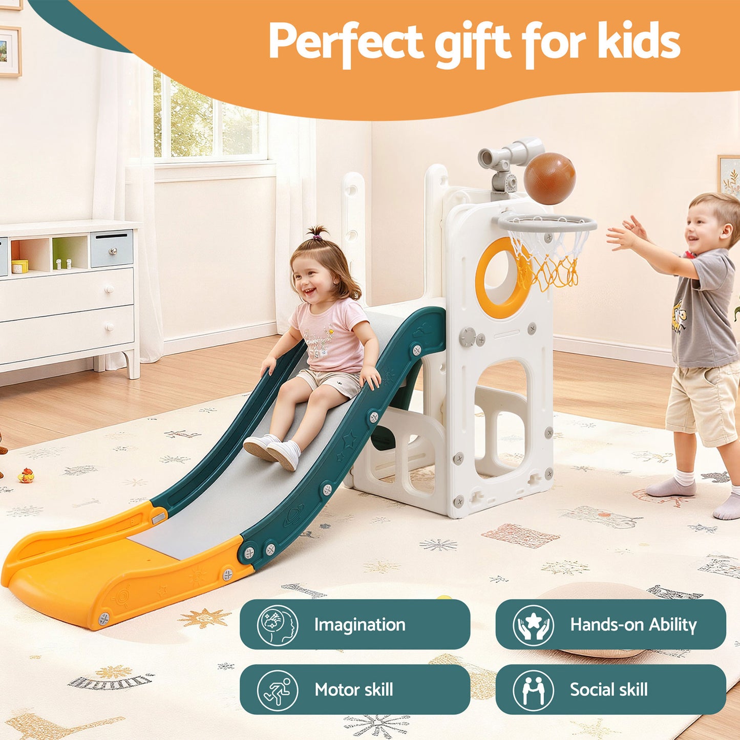 Kids Slide Set Basketball Hoop Outdoor Playground Outdoor Toys Telescope Storage