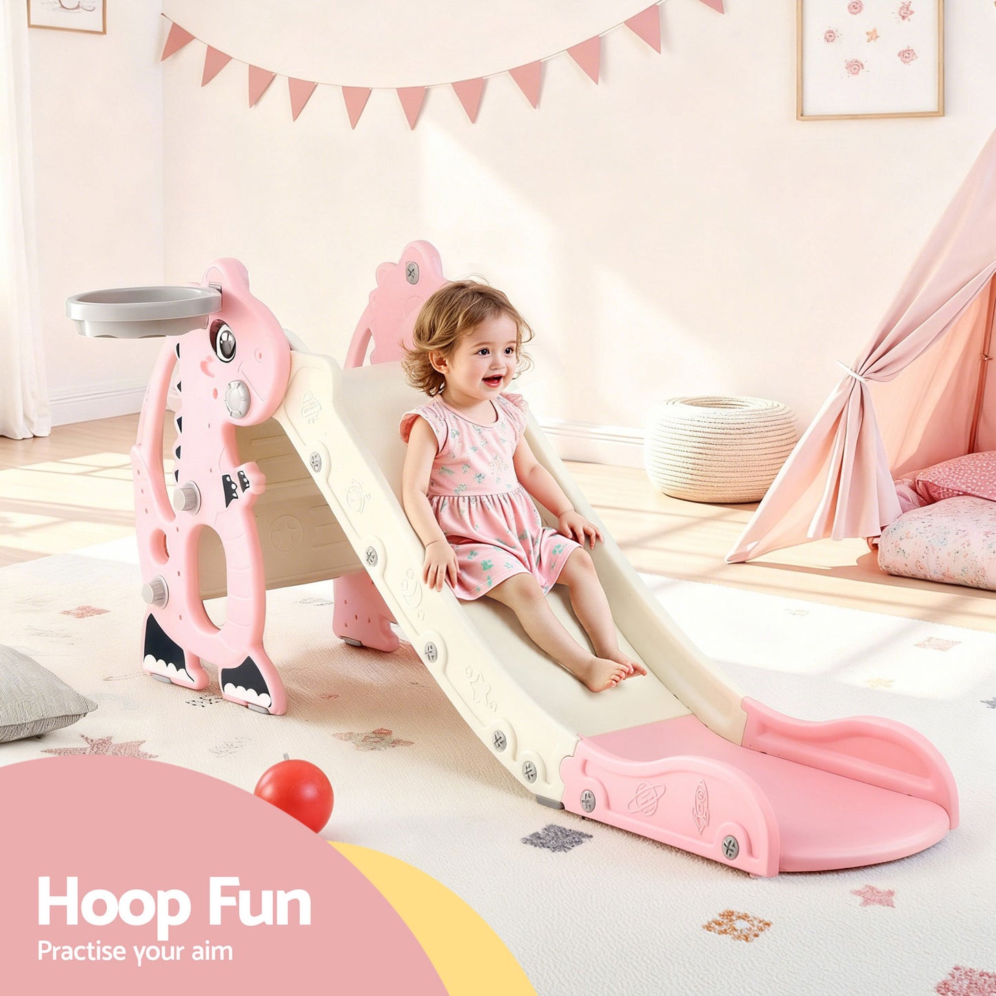 Kids Slide Set Basketball Hoop Outdoor Playground Toy Dragon 125cm Slide Pink