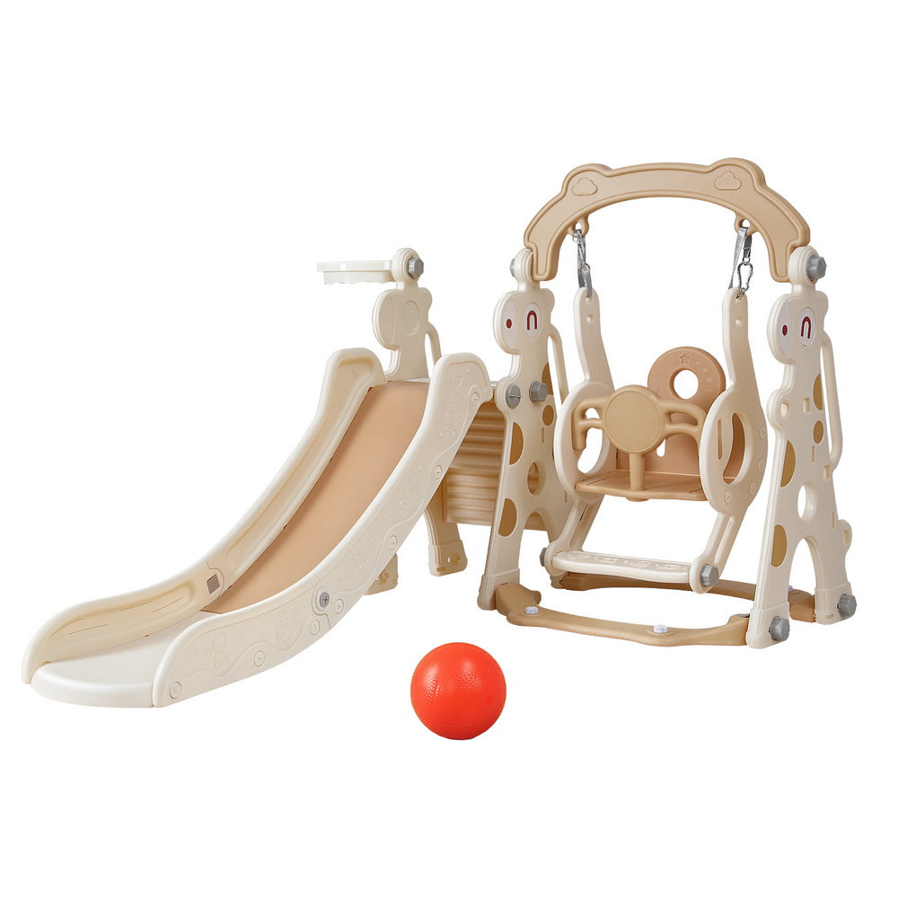 Kids Slide Swing Set Basketball Hoop Outdoor Playground Toys 160cm Beige