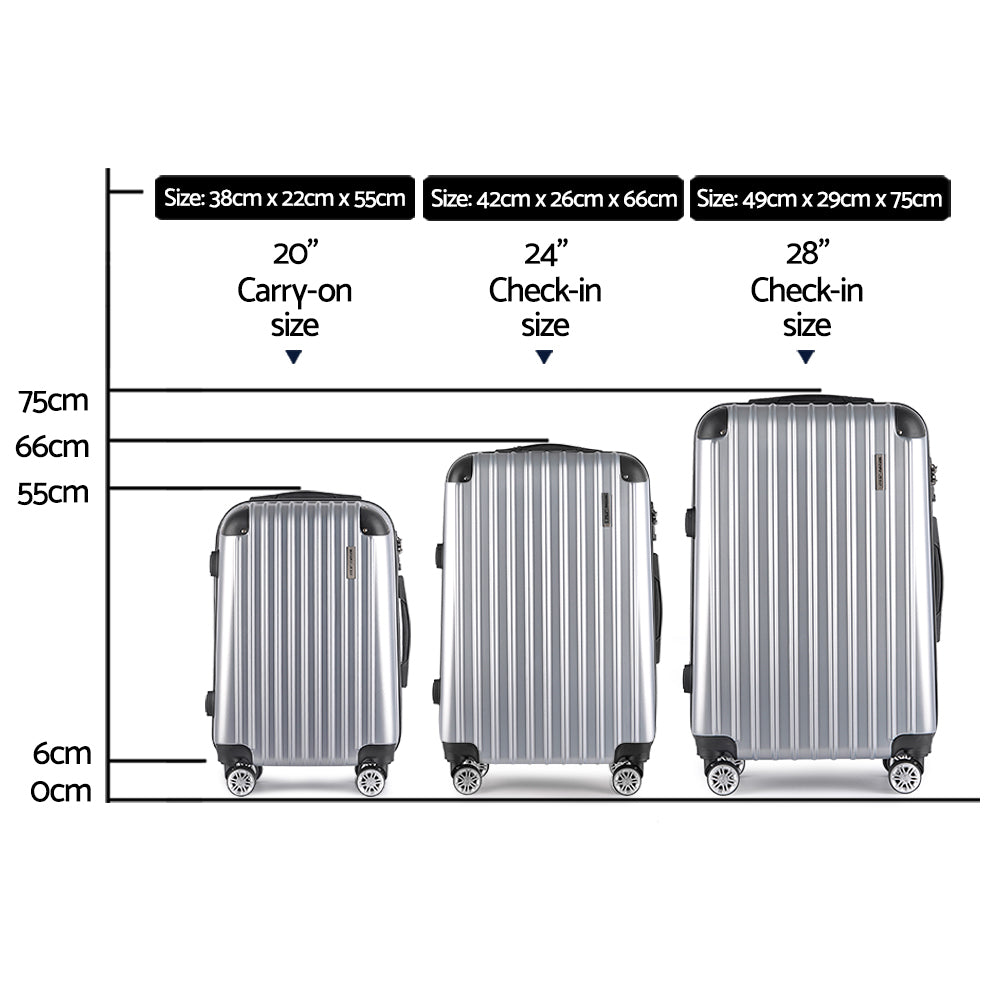 20-24-28" Luggage Set of 3 with TSA Lock Spinner Carry On Hard Shell Travel Suitcase Luggage Case - Silver