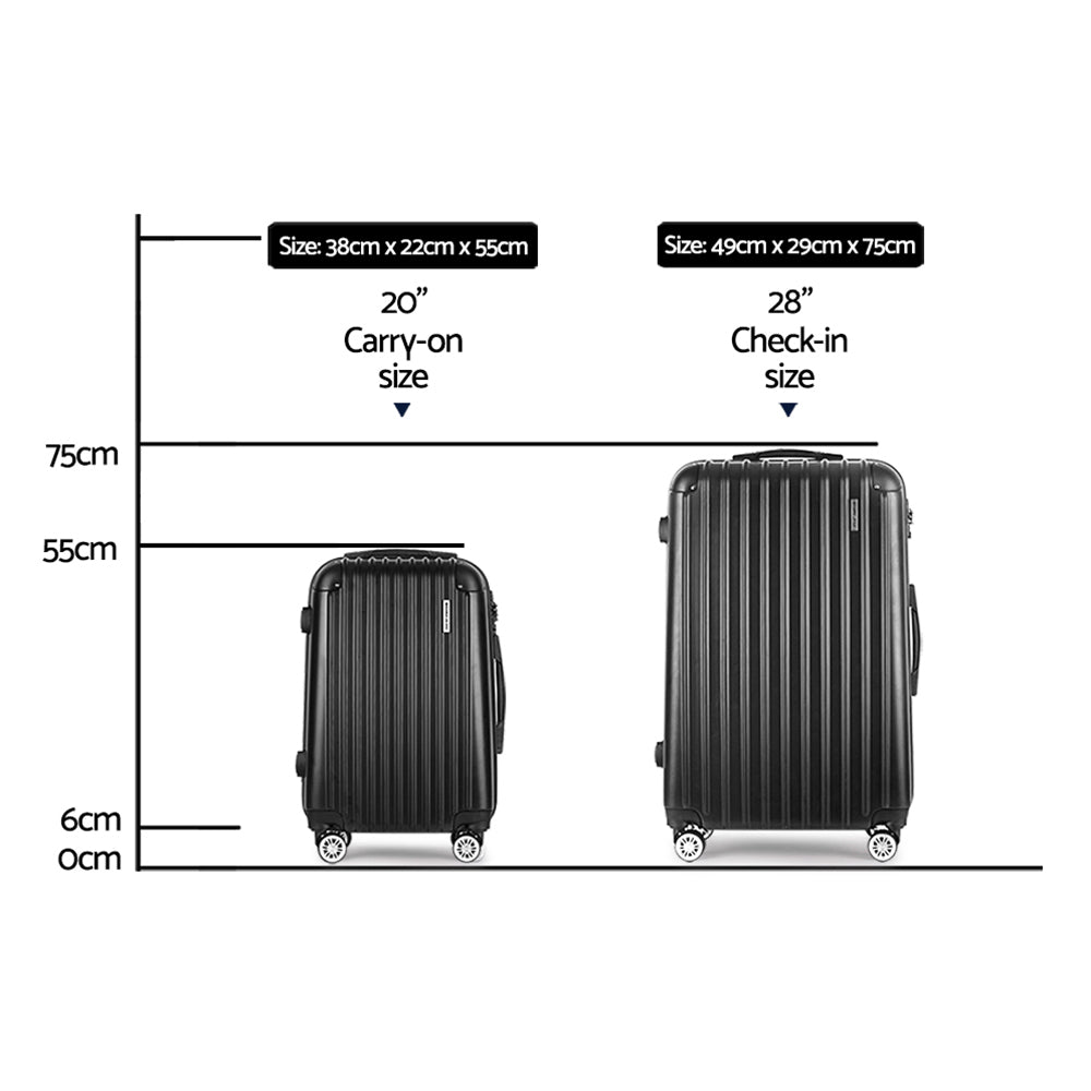 20in 28in Luggage Set of 2 with Zipper Lock Carry On Hard Shell Travel Suitcase Luggage Case - Black