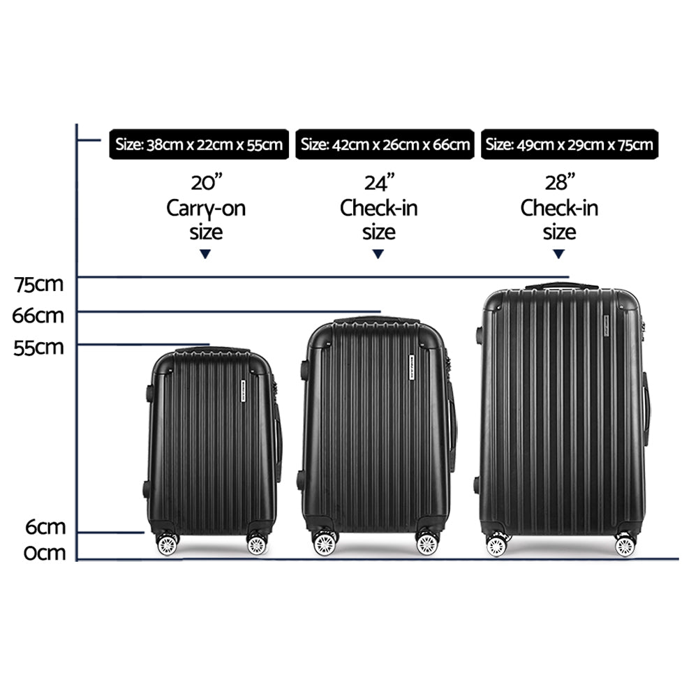 Set of 3 Luggage 20-24-28" with Zipper Lock Carry On Hard Shell Travel Suitcase Luggage Case - Black