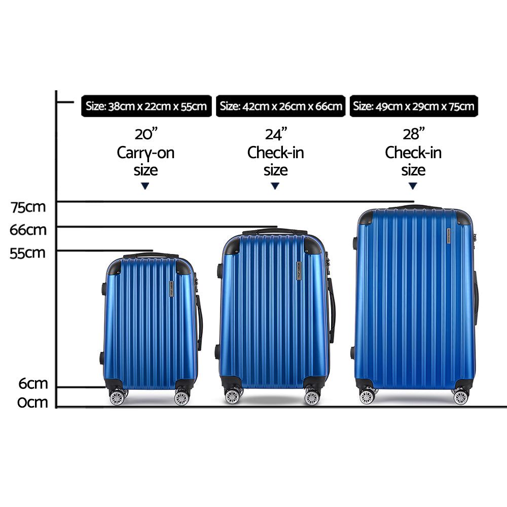 Set of 3 Luggage 20" 24" 28" Suitcase Hardcase Trolley Travel Blue