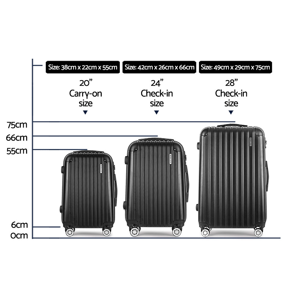Set of 3 Luggage 20-24-28" with TSA Lock Spinner Hard Shell Travel Suitcase Luggage Organiser Case - Black