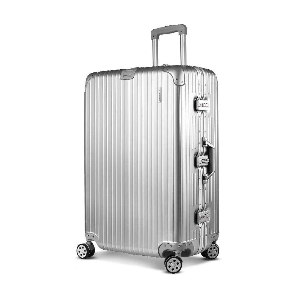 28" Luggage with TSA Lock Stainless Steel Wrapped Corners Hard Shell Travel Suitcase Luggage Case - Silver