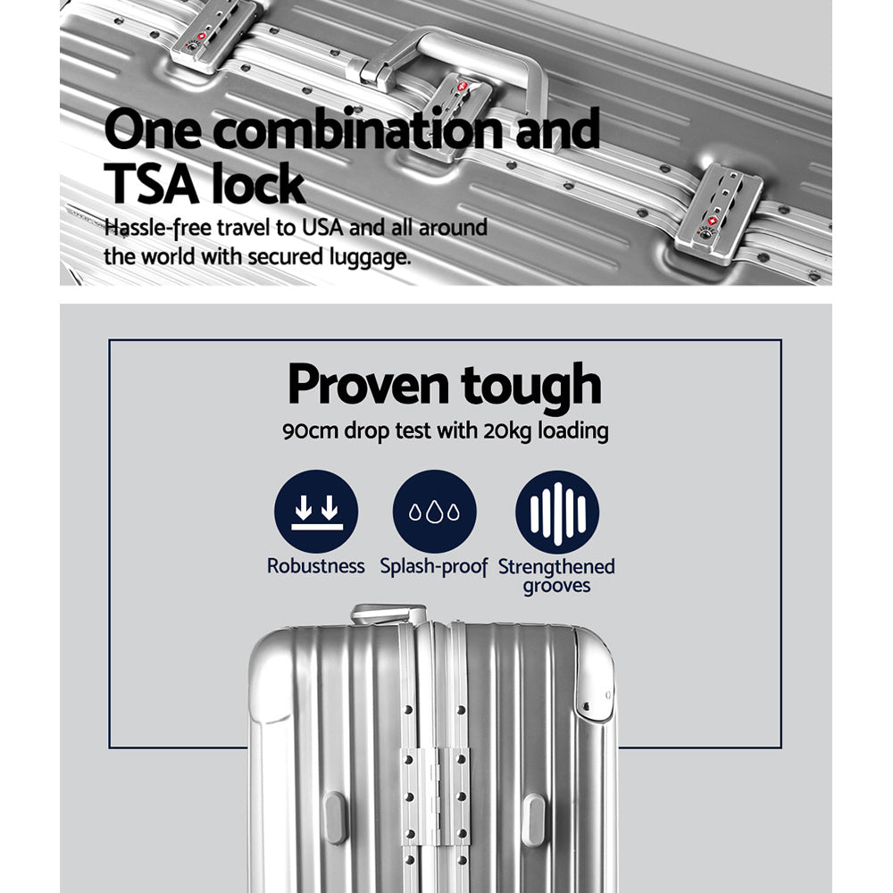 28" Luggage with TSA Lock Stainless Steel Wrapped Corners Hard Shell Travel Suitcase Luggage Case - Silver