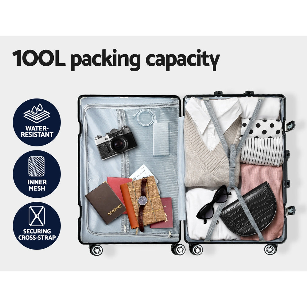 28" Luggage with TSA Lock Stainless Steel Wrapped Corners Hard Shell Travel Suitcase Luggage Case - Black