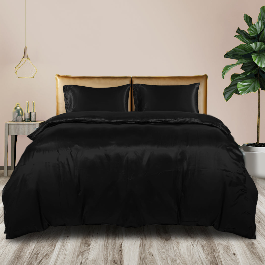 KING Quilt Cover Set Bedspread Pillowcases - Summer Black