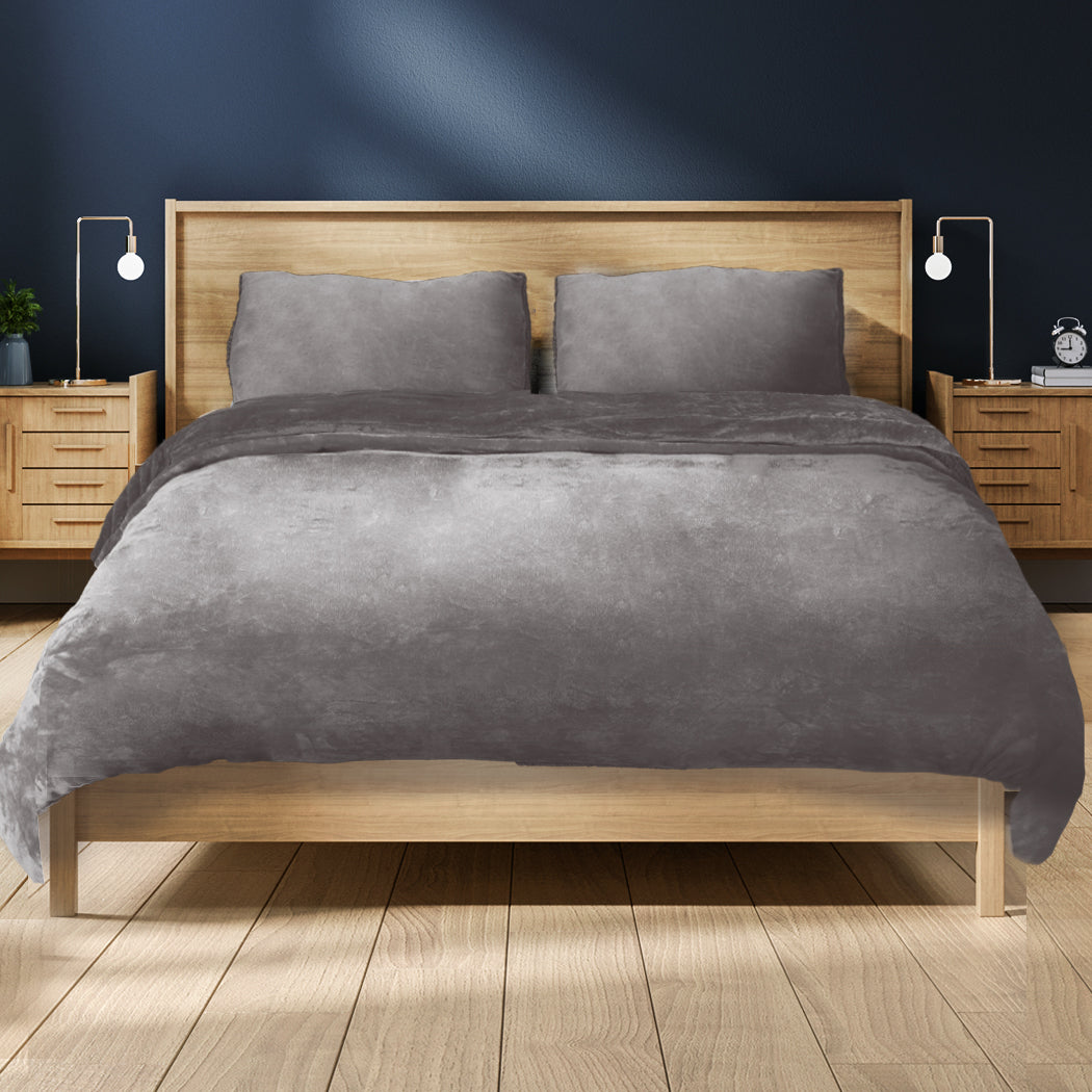 QUEEN Luxury Flannel Quilt Cover & Pillowcase Set - Silver Grey
