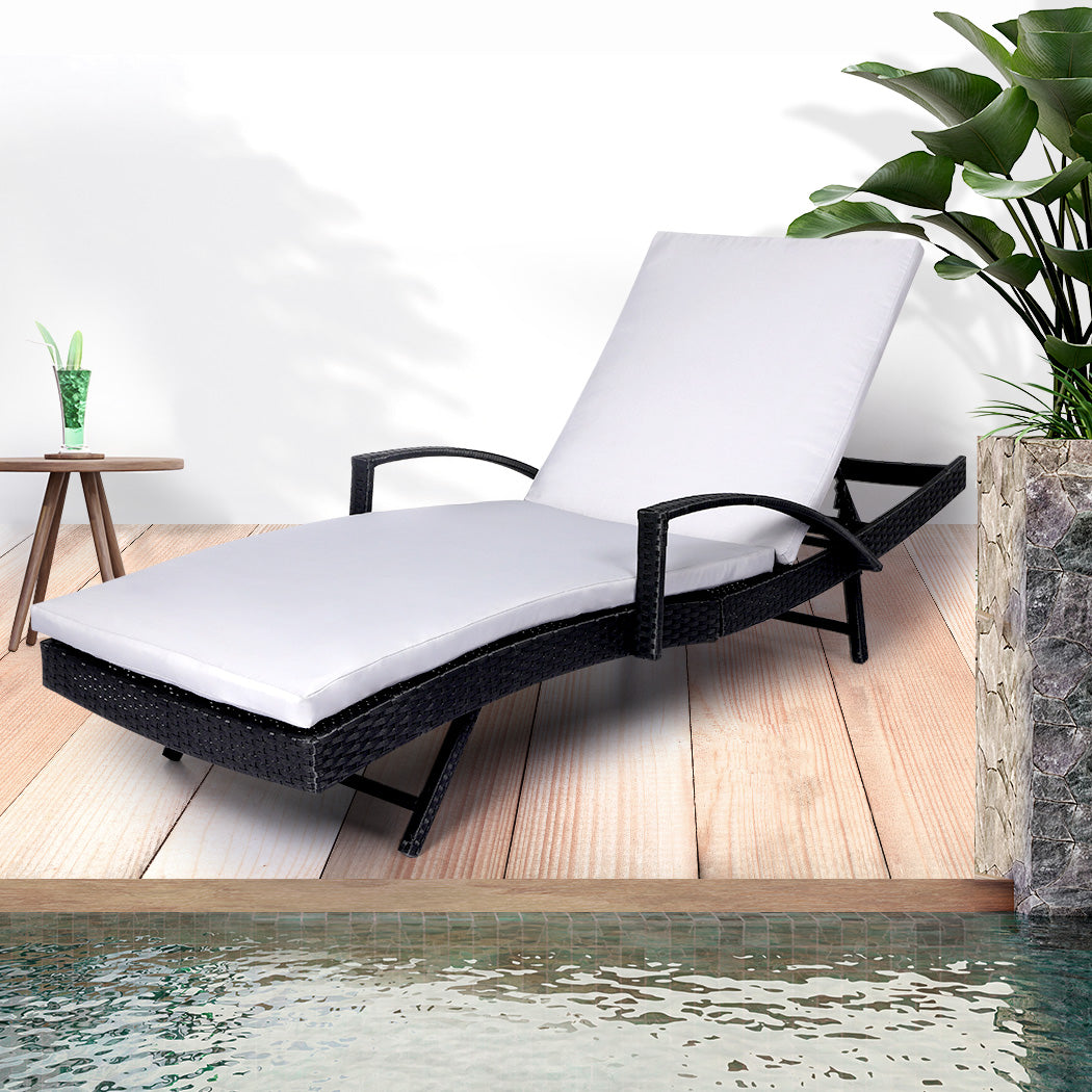Simon Set of 2 Outdoor Sun Lounger Furniture Wicker Lounge Garden Patio Bed Pool Grey Cushion - Black