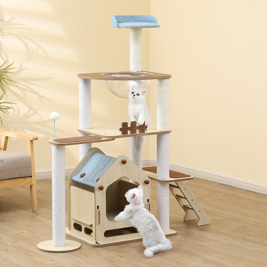 Cat Tree Scratching Post Scratcher Cats Tower Wood Condo Toys House 138cm - White