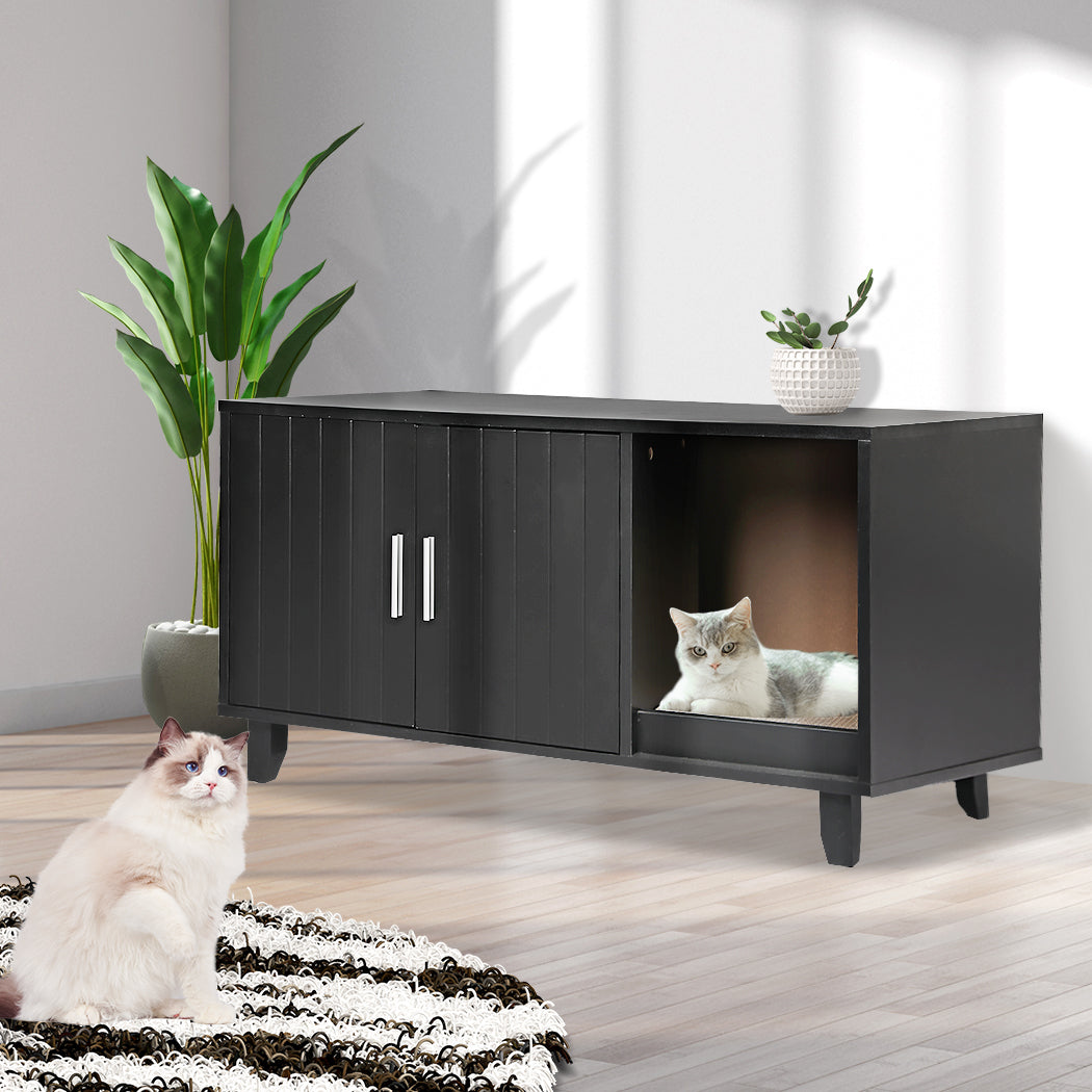 Enclosed Hooded Cat Litter Box Furniture Scratch Board Side Table- Black
