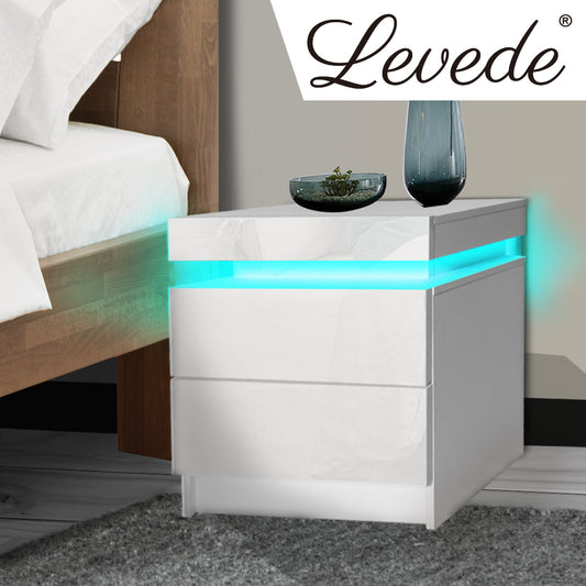 Inuvik LED Bedside Tables RGB LED Storage Cabinet High Gloss Nightstand with 2 Drawers - White