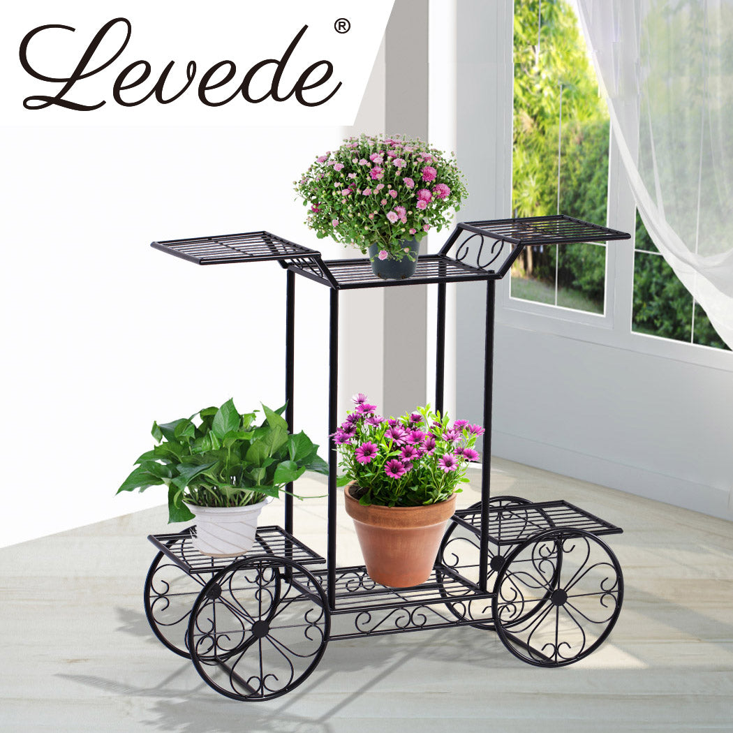 Set of 2 Plant Stand Outdoor Indoor Pot Garden Decor Flower Rack Wrought Iron 4Wheeler