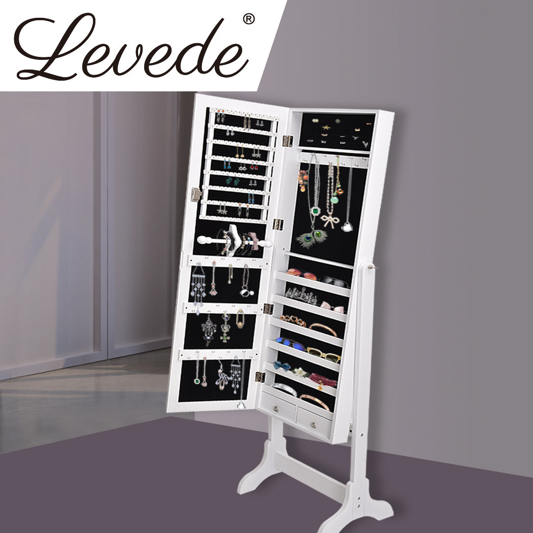 Mirror Jewellery Standing Cabinet Makeup Storage Jewelry Organiser Box - White