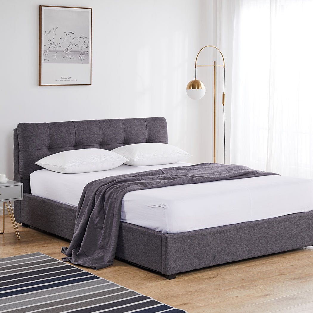 Tanna Bed Frame Gas Lift Base Storage Wooden Platform Linen Cotton - Charcoal Queen
