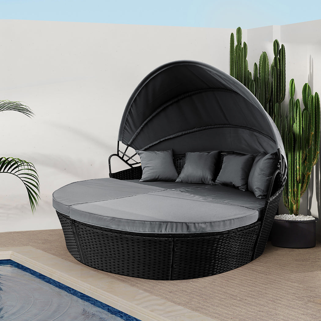 Amelie Day Bed Sofa Daybed Outdoor Garden Sun Lounge Furniture Wicker Round with Grey Cushion - Black