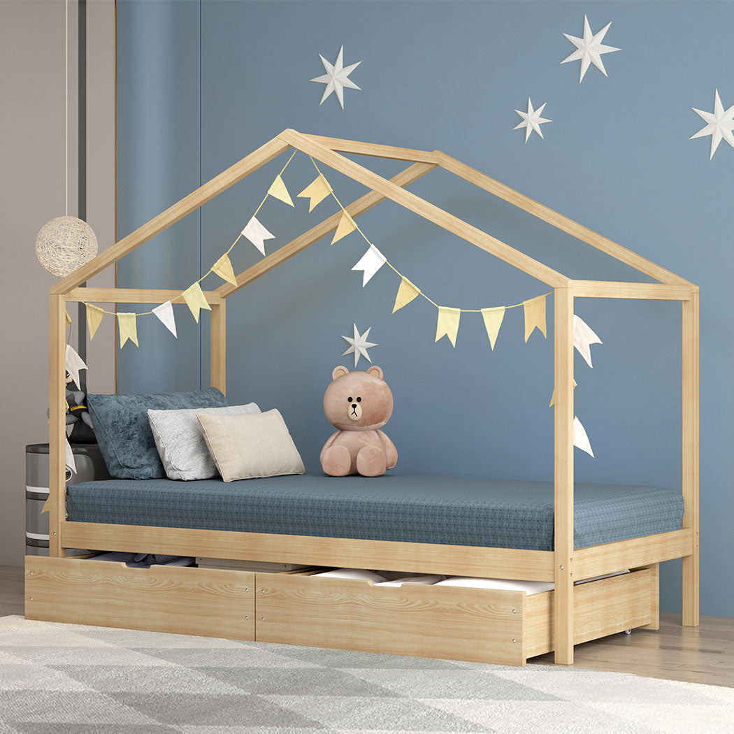 Riley Bed Frame Base Wooden Timber House Frame with Storage Drawers - Single