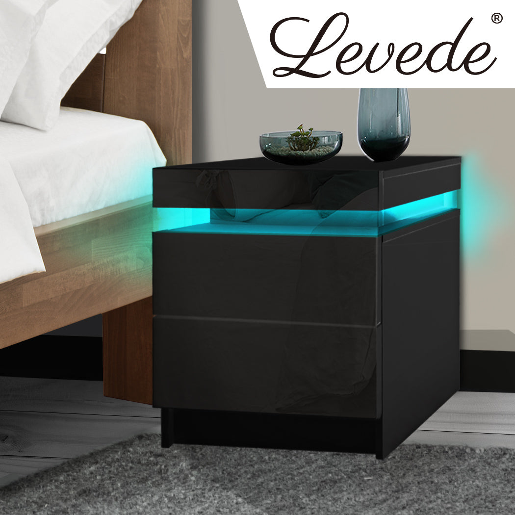 Inuvik LED Bedside Tables RGB LED Side Table High Gloss Nightstand Cabinet with 2 Drawers - Black