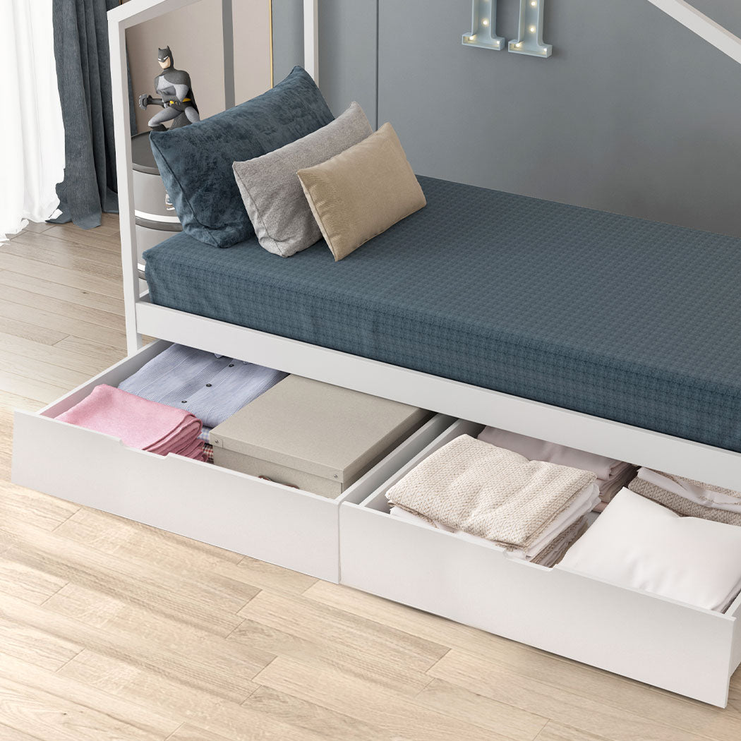 York Set of 2 Bed Frame Storage Drawers Wooden Timber Trundle For Bed Frame Base - White