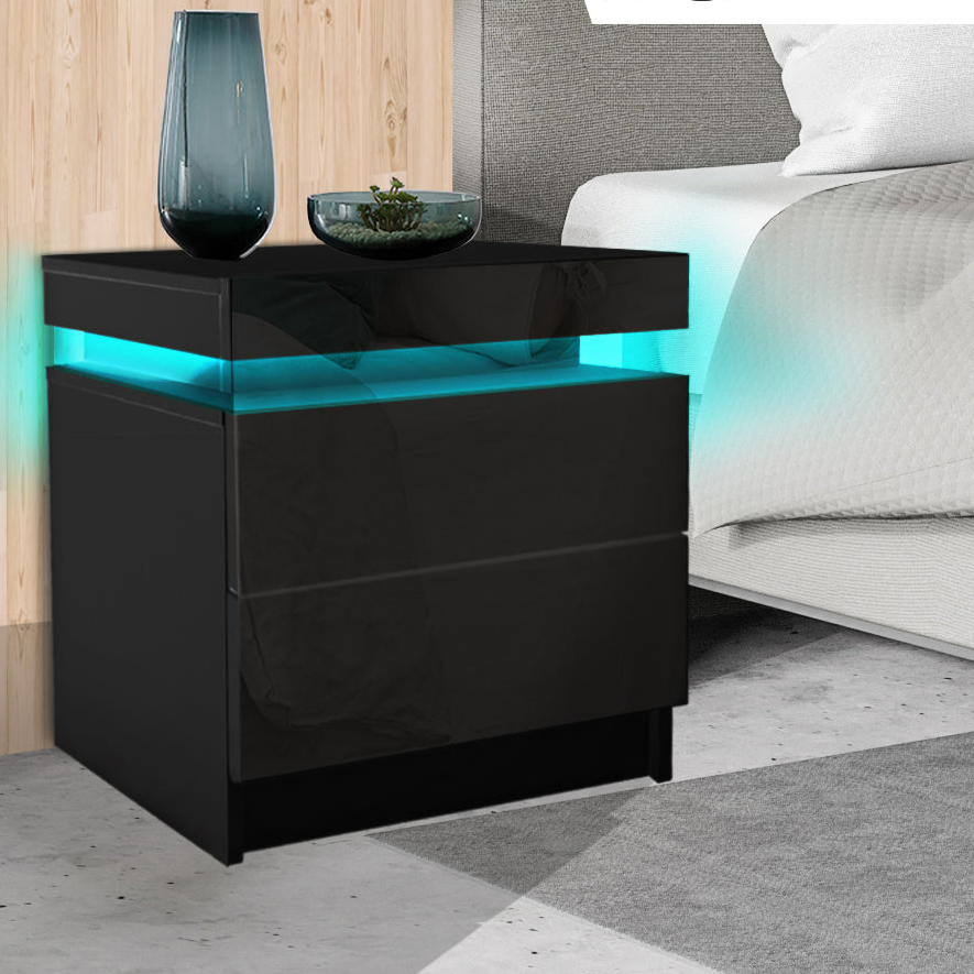 Inuvik LED Bedside Tables RGB LED Side Table High Gloss Nightstand Cabinet with 2 Drawers - Black