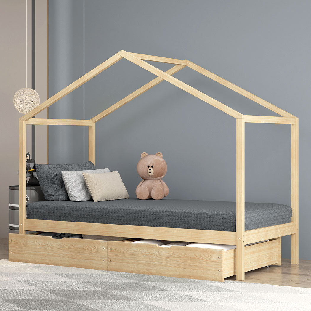 Riley Bed Frame Base Wooden Timber House Frame with Storage Drawers - Single