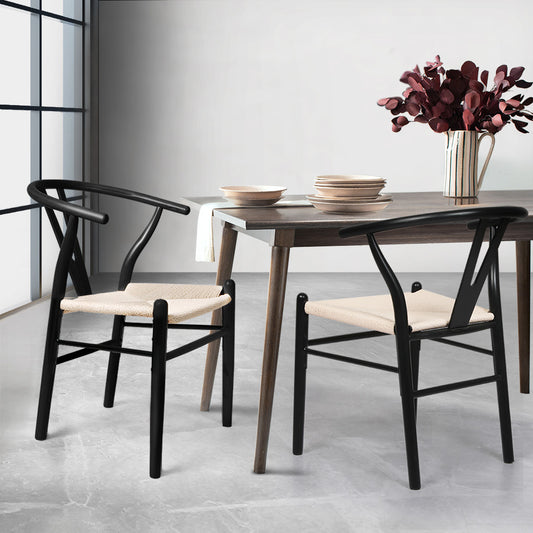 Jett Set of 2 Dining Chairs Wooden Hans Wegner Wishbone Cafe Lounge Seat - Black