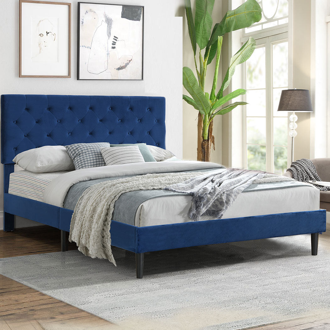 Assen Bed Frame Base Platform Wooden Velvet with Headboard Blue - Double