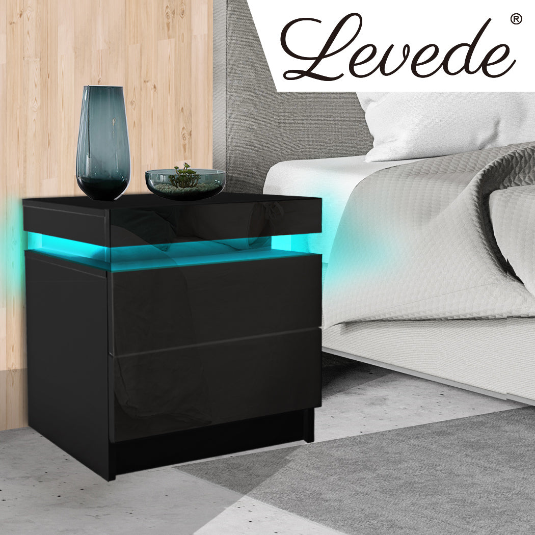 Inuvik LED Bedside Tables RGB LED Side Table High Gloss Nightstand Cabinet with 2 Drawers - Black