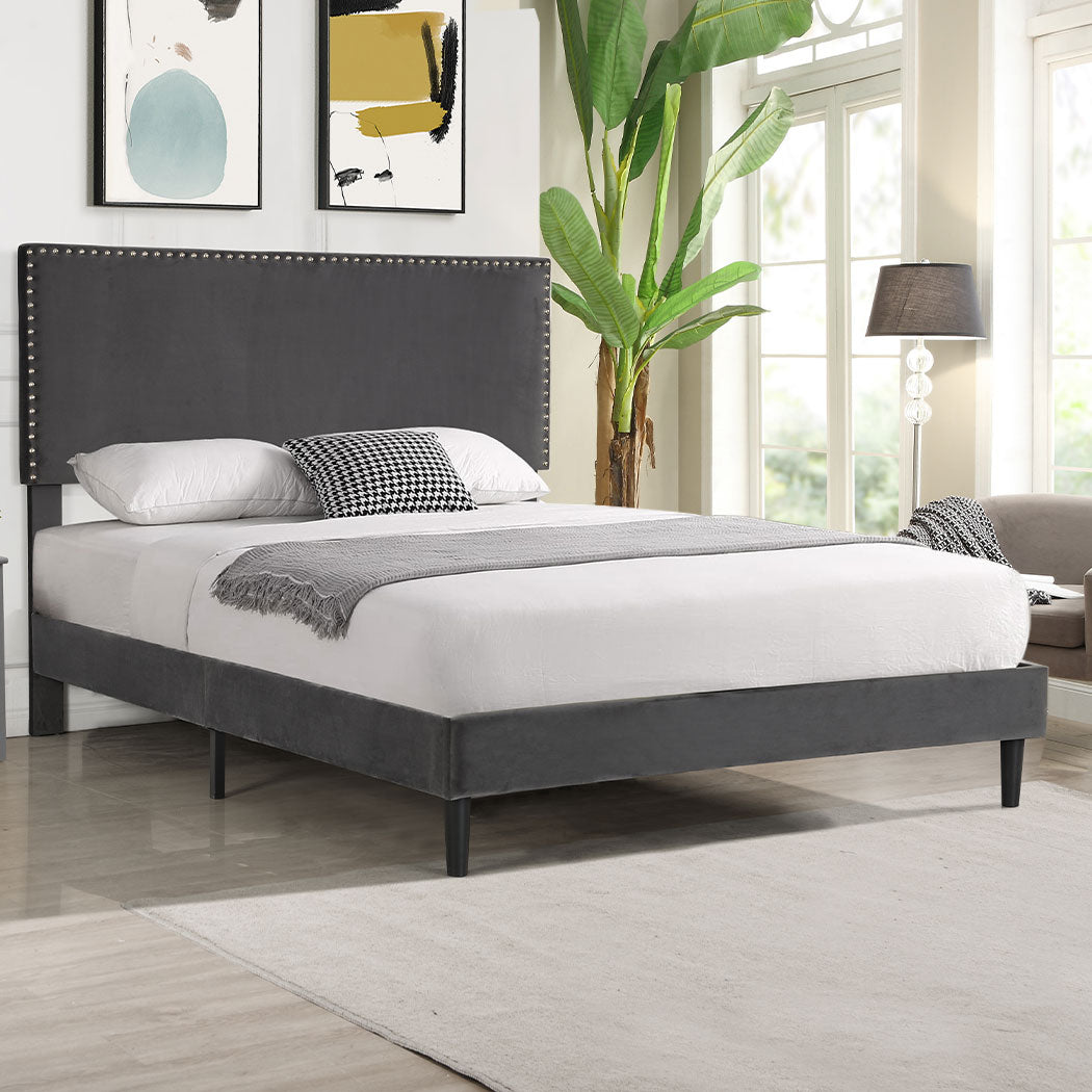 Velsen Bed Frame Base Platform Wooden Velvet with Headboard Grey - Double