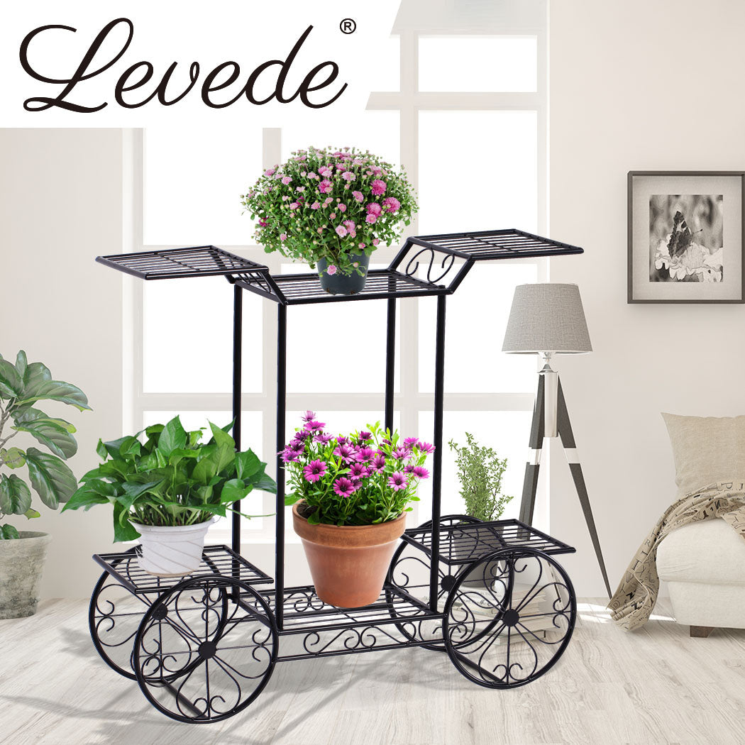 Set of 2 Plant Stand Outdoor Indoor Pot Garden Decor Flower Rack Wrought Iron 4Wheeler