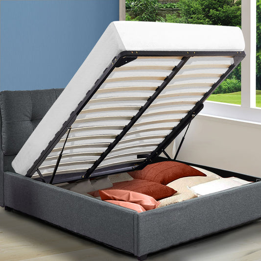 Tanna Bed Frame Gas Lift Base Storage Wooden Platform Linen Cotton - Charcoal Queen