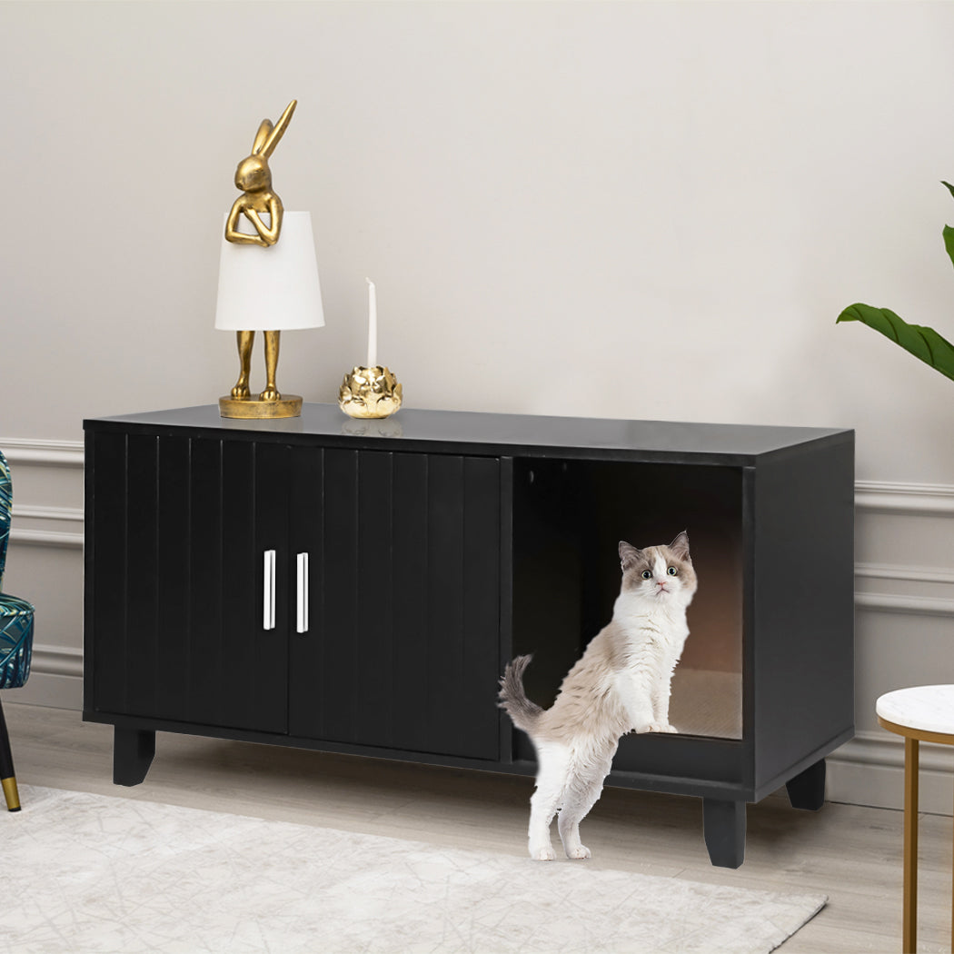 Enclosed Hooded Cat Litter Box Furniture Scratch Board Side Table- Black