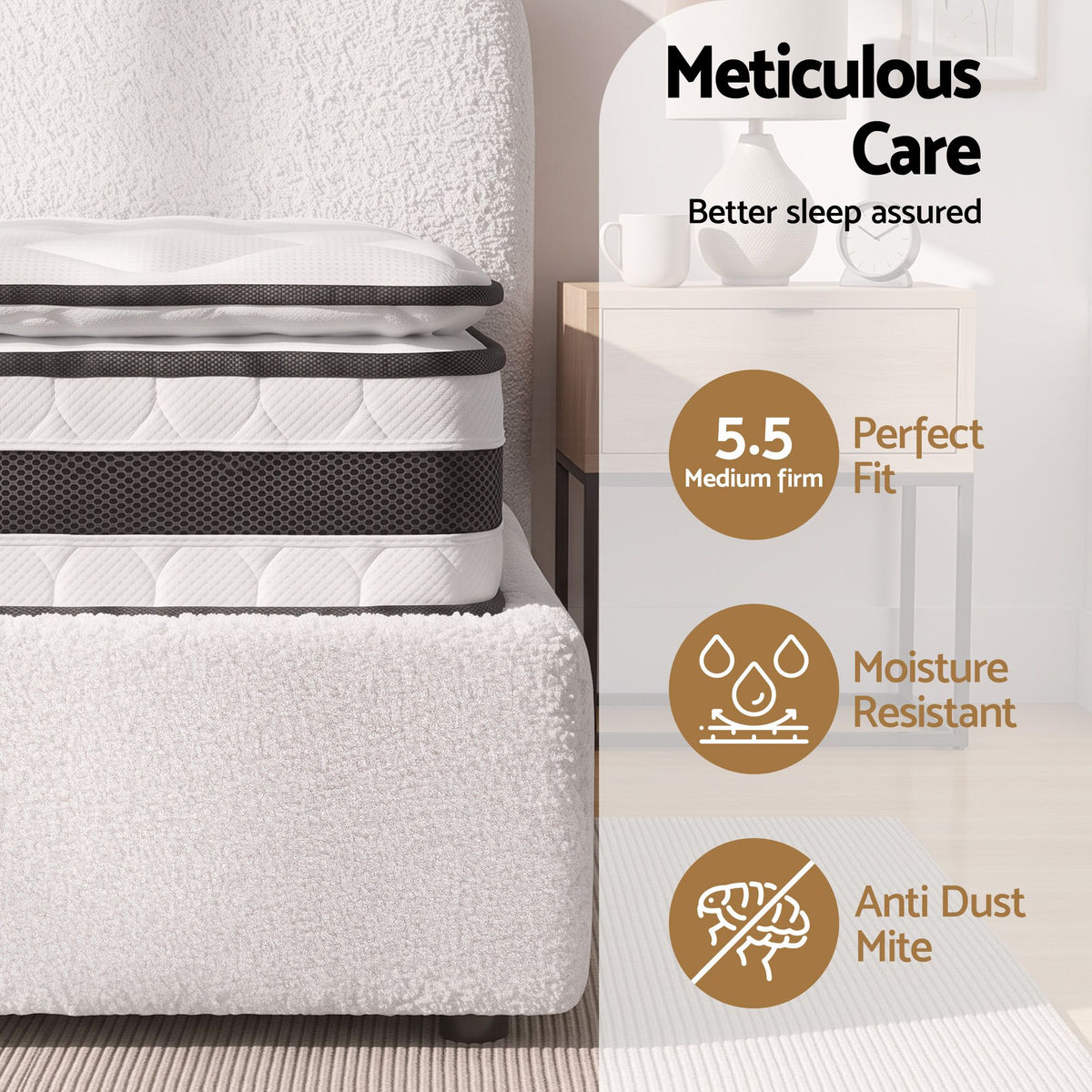 Quartz Bed & Mattress Package with 21cm Mattress Boucle Bed Frame - Beige Double