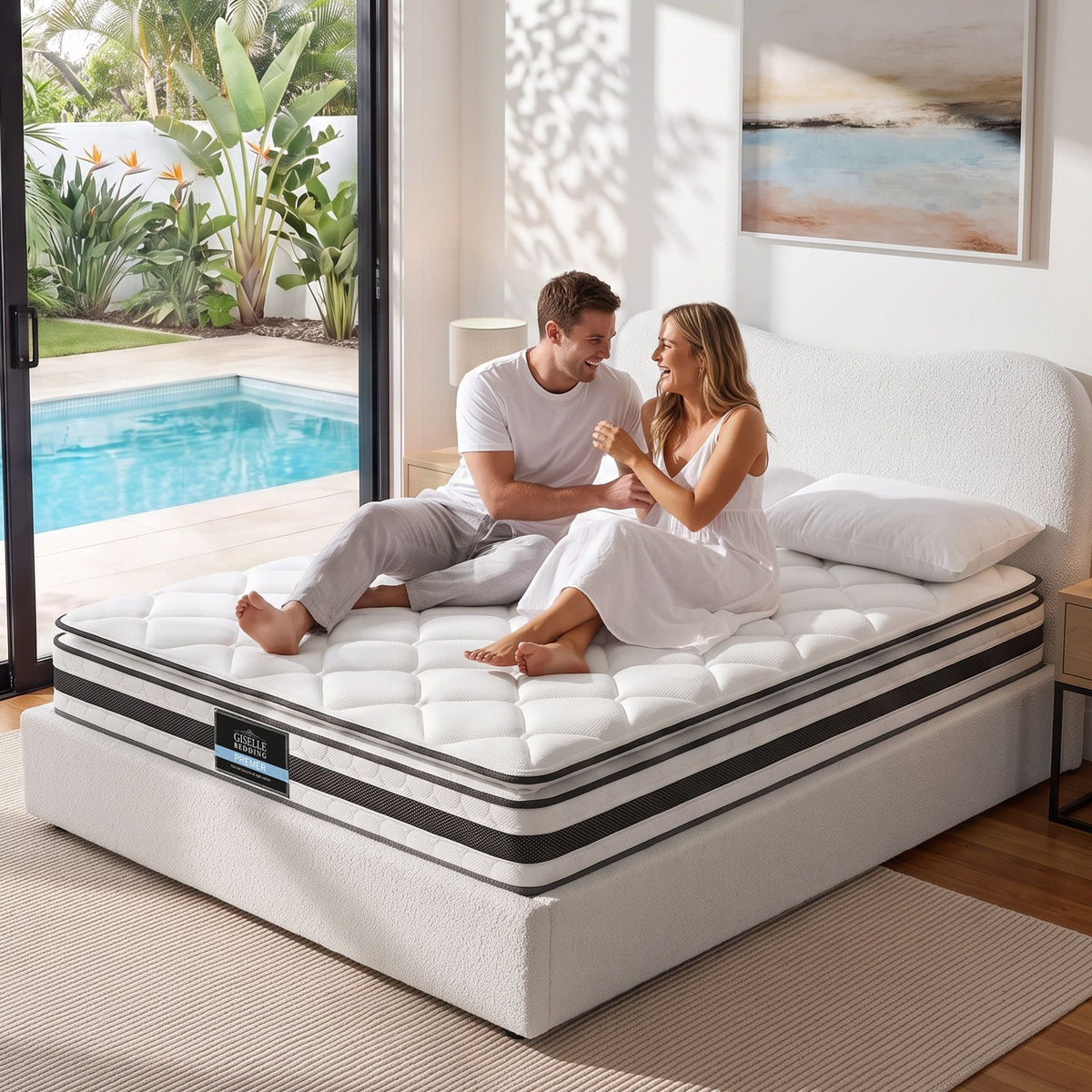 Quartz Bed & Mattress Package with 21cm Mattress Boucle Bed Frame - Beige Double