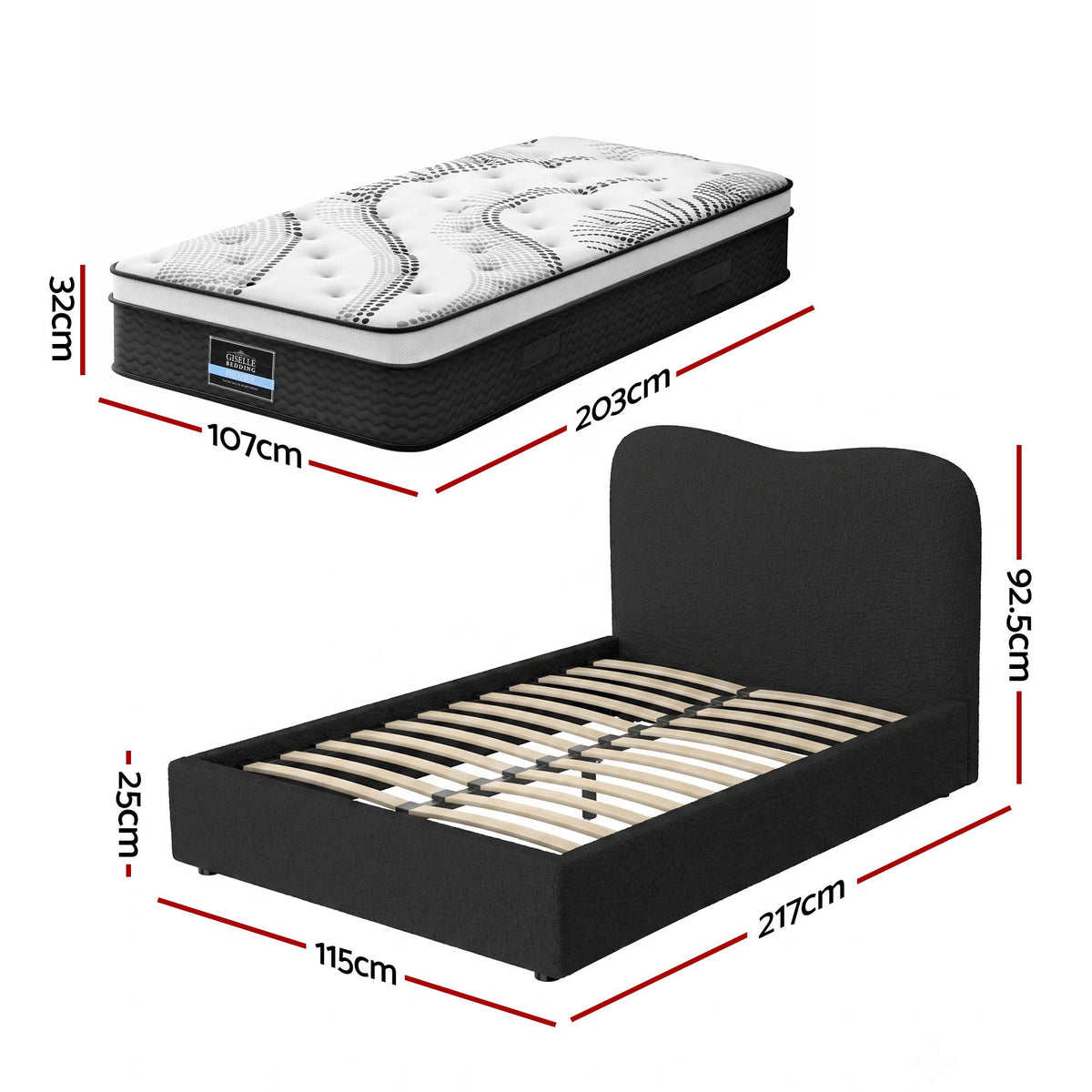 Quartz Bed & Mattress Package with 32cm Mattress Boucle Bed Frame - Black King Single